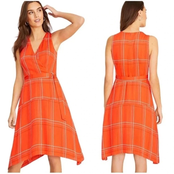 ANN TAYLOR | Flash Orange Plaid Belted Fit & Flare Faux Wrap Dress Size 6 - Picture 1 of 4
